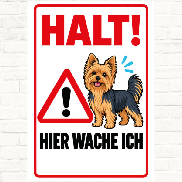 Yorkshire Terrier Schild „Halt! Hier wache ich“ im Flat-Comic-Stil – Hochformat – Produktansicht