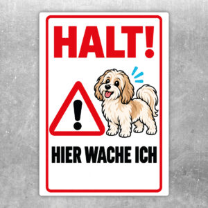 Havaneser Aufkleber „Halt! Hier wache ich“ im Flat-Comic-Stil – Hochformat – Produktansicht
