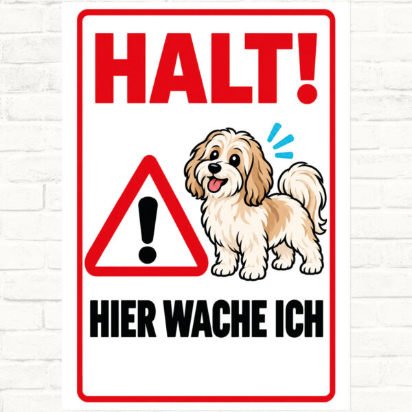 Havaneser Schild „Halt! Hier wache ich“ im Flat-Comic-Stil – Hochformat – Produktansicht