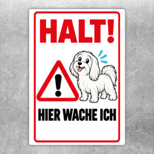 Malteser Aufkleber „Halt! Hier wache ich“ im Flat-Comic-Stil – Hochformat – Produktansicht