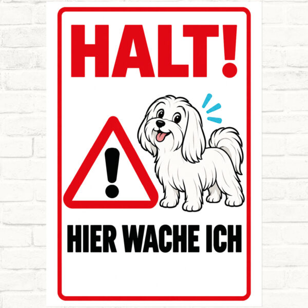 Malteser Schild „Halt! Hier wache ich“ im Flat-Comic-Stil – Hochformat – Produktansicht