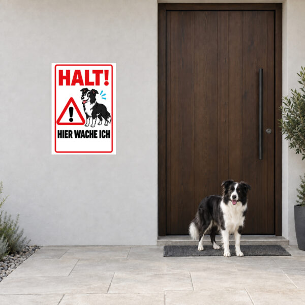 Border Collie Schild „Halt! Hier wache ich“ im Flat-Comic-Stil – Hochformat – Anwendung am Eingang