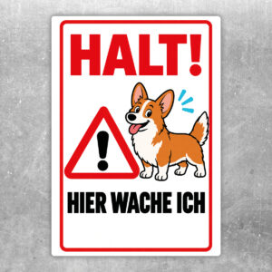 Welsh Corgi Pembroke Aufkleber „Halt! Hier wache ich“ im Flat-Comic-Stil – Hochformat – Produktansicht