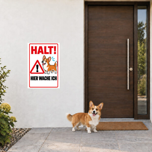 Welsh Corgi Pembroke Schild „Halt! Hier wache ich“ im Flat-Comic-Stil – Hochformat – Anwendung am Eingang