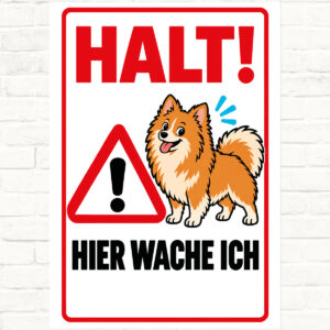 Zwergspitz Pomeranian Schild „Halt! Hier wache ich“ im Flat-Comic-Stil – Hochformat – Produktansicht