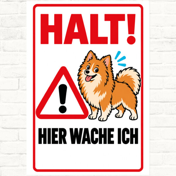 Zwergspitz Pomeranian Schild „Halt! Hier wache ich“ im Flat-Comic-Stil – Hochformat – Produktansicht