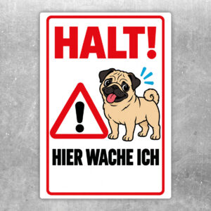 Mops Aufkleber „Halt! Hier wache ich“ im Flat-Comic-Stil – Hochformat – Produktansicht