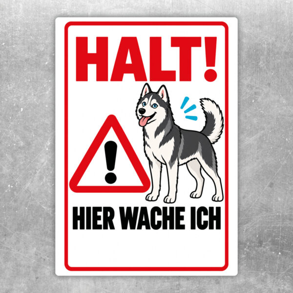 Siberian Husky Aufkleber „Halt! Hier wache ich“ im Flat-Comic-Stil – Hochformat – Produktansicht