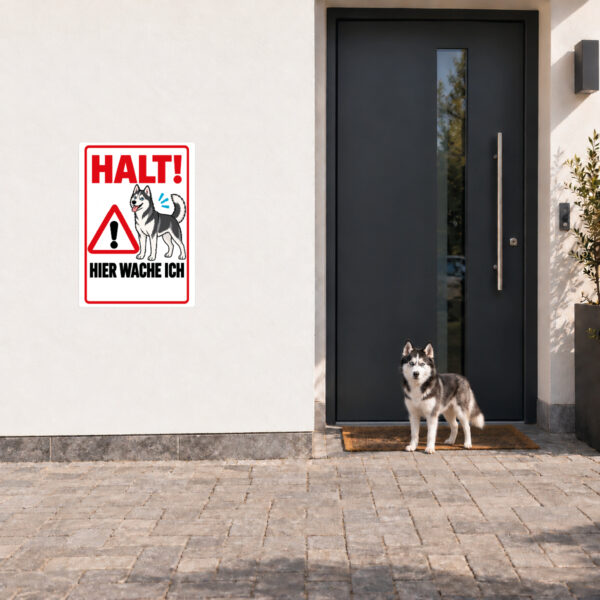 Siberian Husky Aufkleber „Halt! Hier wache ich“ im Flat-Comic-Stil – Hochformat – Anwendung am Eingang