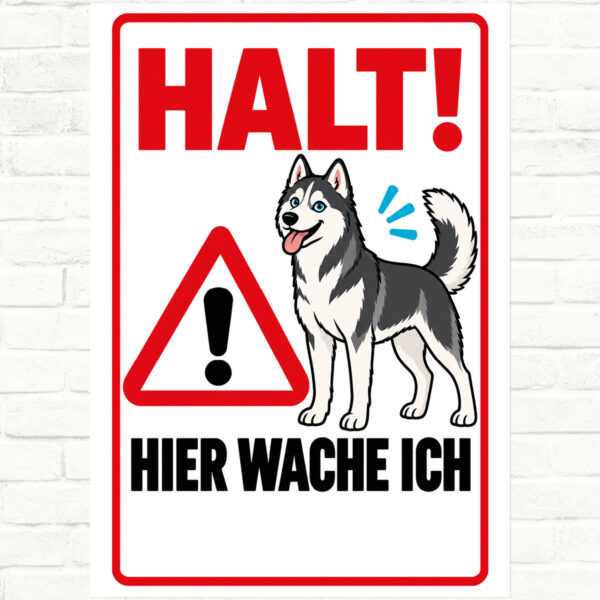 Siberian Husky Schild „Halt! Hier wache ich“ im Flat-Comic-Stil – Hochformat – Produktansicht
