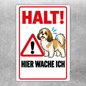 Shih Tzu Aufkleber „Halt! Hier wache ich“ im Flat-Comic-Stil – Hochformat – Produktansicht