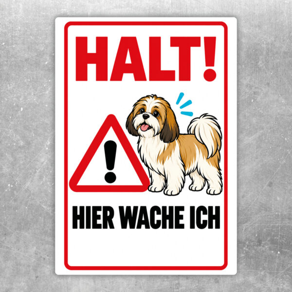 Shih Tzu Aufkleber „Halt! Hier wache ich“ im Flat-Comic-Stil – Hochformat – Produktansicht