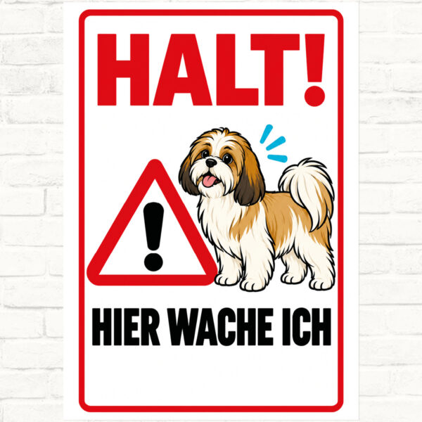 Shih Tzu Schild „Halt! Hier wache ich“ im Flat-Comic-Stil – Hochformat – Produktansicht