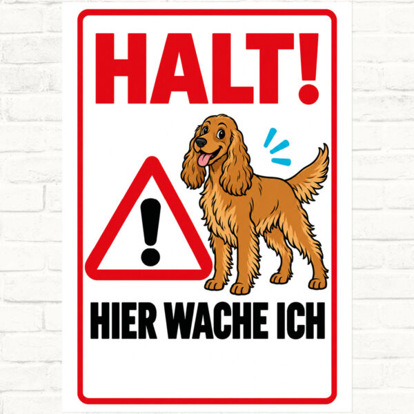 English Cocker Spaniel Schild „Halt! Hier wache ich“ im Flat-Comic-Stil – Hochformat – Produktansicht