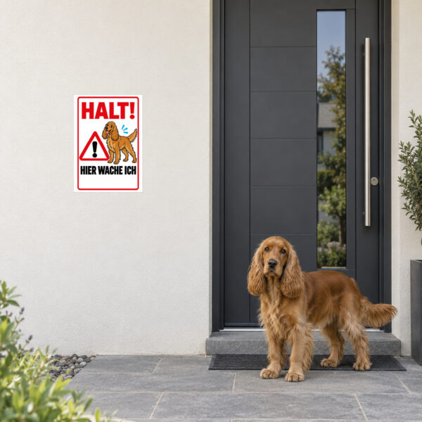 English Cocker Spaniel Schild „Halt! Hier wache ich“ im Flat-Comic-Stil – Hochformat – Anwendung am Eingang