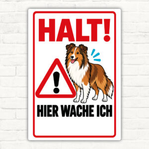 Shetland Sheepdog Aufkleber „Halt! Hier wache ich“ im Flat-Comic-Stil – Hochformat – Produktansicht