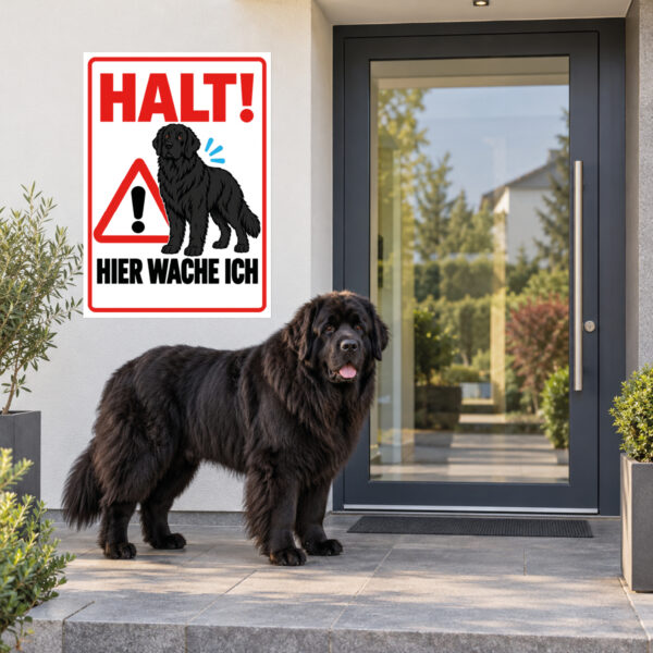 Neufundländer Schild Halt Hier wache ich - Anwendung am Eingang