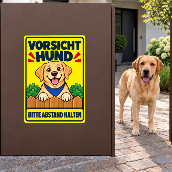 Labrador Retriever Aufkleber Vorsicht Hund Bitte Abstand halten – Anwendung auf einer braunen Torfläche neben einem Labrador