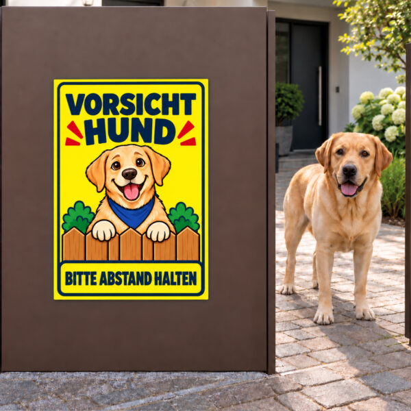 Labrador Retriever Schild „Vorsicht Hund – Bitte Abstand halten“ im Comicstil – Hochformat – Bild 2