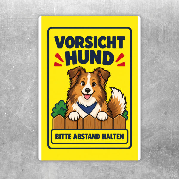 Shetland Sheepdog Aufkleber „Vorsicht Hund – Bitte Abstand halten“ im Comicstil – Hochformat