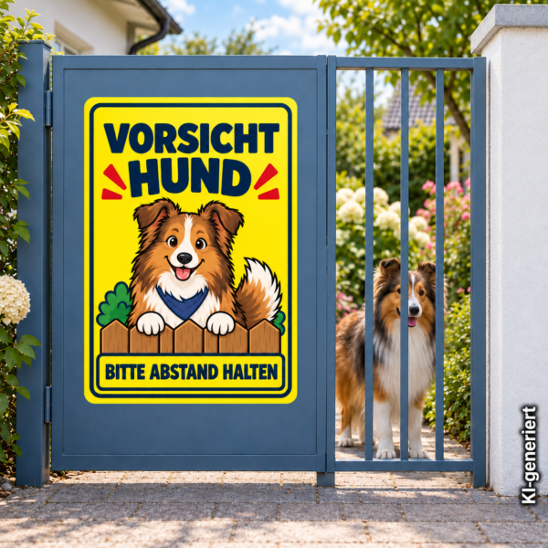 Shetland Sheepdog Aufkleber „Vorsicht Hund – Bitte Abstand halten“ im Comicstil – Hochformat – Bild 2