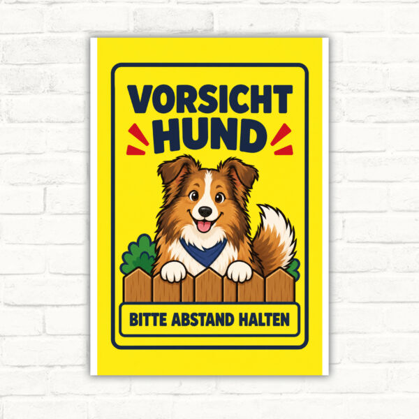 Shetland Sheepdog Schild „Vorsicht Hund – Bitte Abstand halten“ im Comicstil – Hochformat