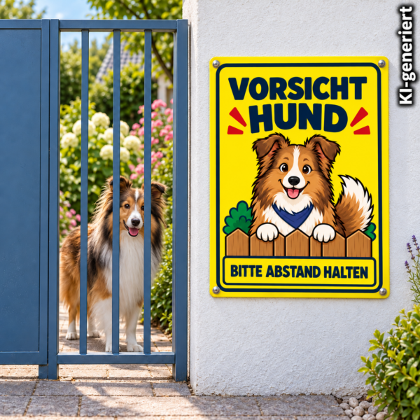 Shetland Sheepdog Schild „Vorsicht Hund – Bitte Abstand halten“ im Comicstil – Hochformat – Bild 2