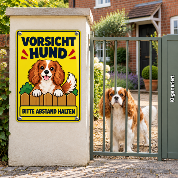 Cavalier King Charles Spaniel Schild „Vorsicht Hund – Bitte Abstand halten“ im Comicstil – Hochformat – Bild 2