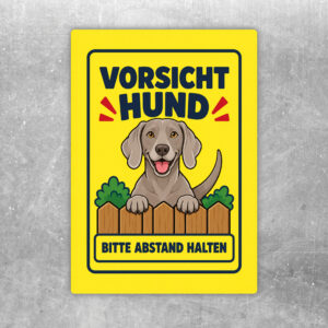 Weimaraner Aufkleber „Vorsicht Hund – Bitte Abstand halten“ im Comicstil – Hochformat
