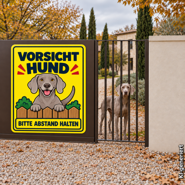 Weimaraner Aufkleber „Vorsicht Hund – Bitte Abstand halten“ im Comicstil – Hochformat – Bild 2