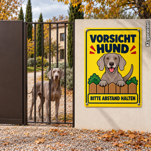 Weimaraner Schild „Vorsicht Hund – Bitte Abstand halten“ im Comicstil – Hochformat – Bild 2