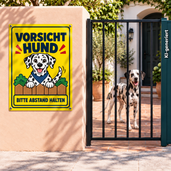 Dalmatiner Schild „Vorsicht Hund – Bitte Abstand halten“ im Comicstil – Hochformat – Bild 2