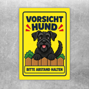 Riesenschnauzer Aufkleber „Vorsicht Hund – Bitte Abstand halten“ im Comicstil – Hochformat
