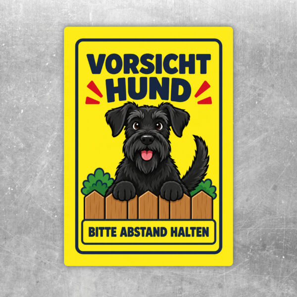 Riesenschnauzer Aufkleber „Vorsicht Hund – Bitte Abstand halten“ im Comicstil – Hochformat