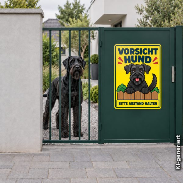Riesenschnauzer Aufkleber „Vorsicht Hund – Bitte Abstand halten“ im Comicstil – Hochformat – Bild 2