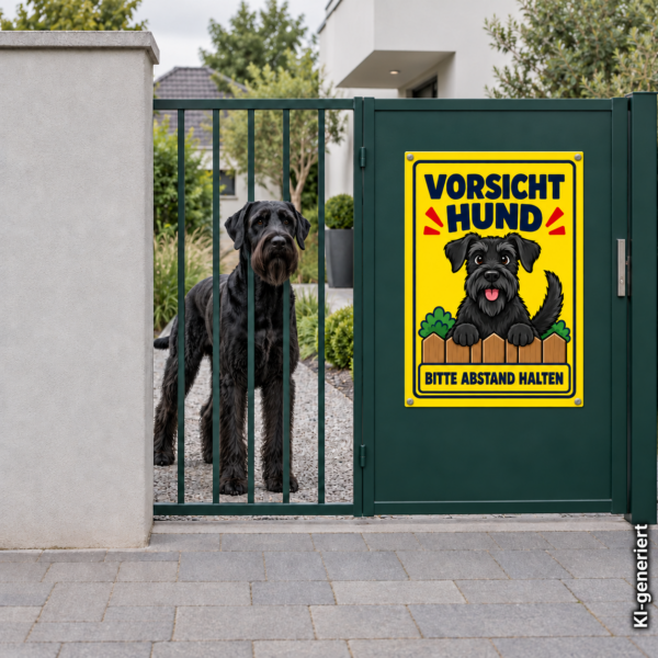 Riesenschnauzer Schild „Vorsicht Hund – Bitte Abstand halten“ im Comicstil – Hochformat – Bild 2