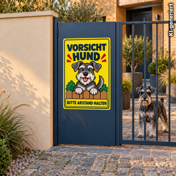 Zwergschnauzer Aufkleber „Vorsicht Hund – Bitte Abstand halten“ im Comicstil – Hochformat – Bild 2