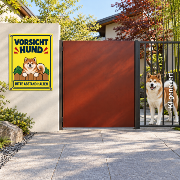 Akita Inu Schild „Vorsicht Hund – Bitte Abstand halten“ im Comicstil – Hochformat – Bild 2