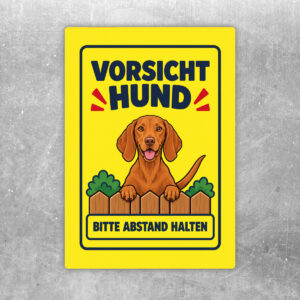 Magyar Vizsla Aufkleber mit Vorsicht Hund und Bitte Abstand halten – Produktansicht auf Metall