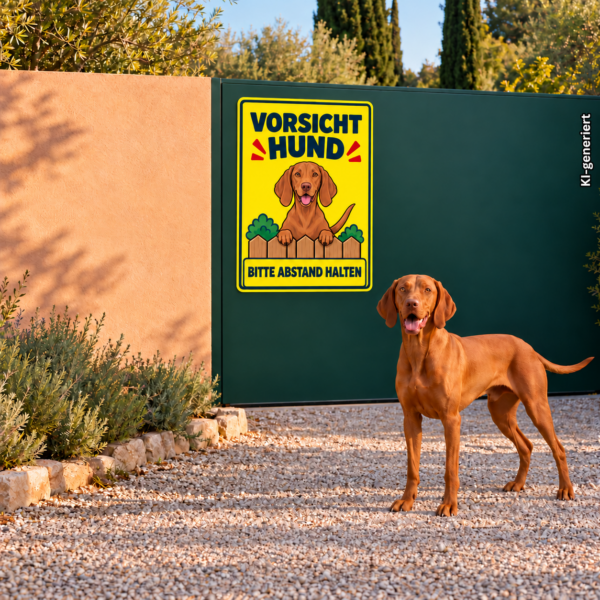 Magyar Vizsla Aufkleber „Vorsicht Hund – Bitte Abstand halten“ im Comicstil – Hochformat – Bild 2
