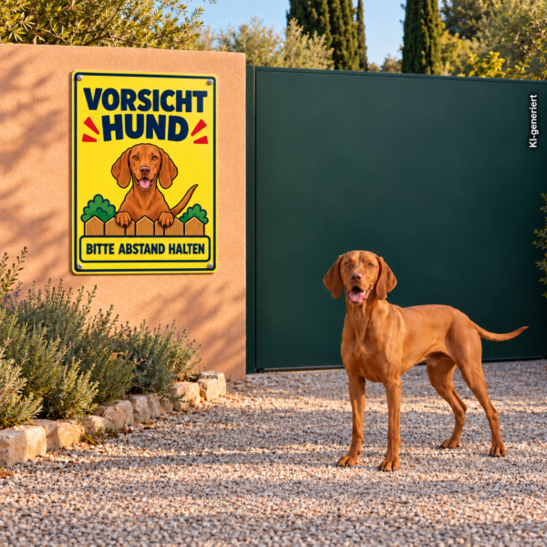 Magyar Vizsla Schild „Vorsicht Hund – Bitte Abstand halten“ im Comicstil – Hochformat – Bild 2