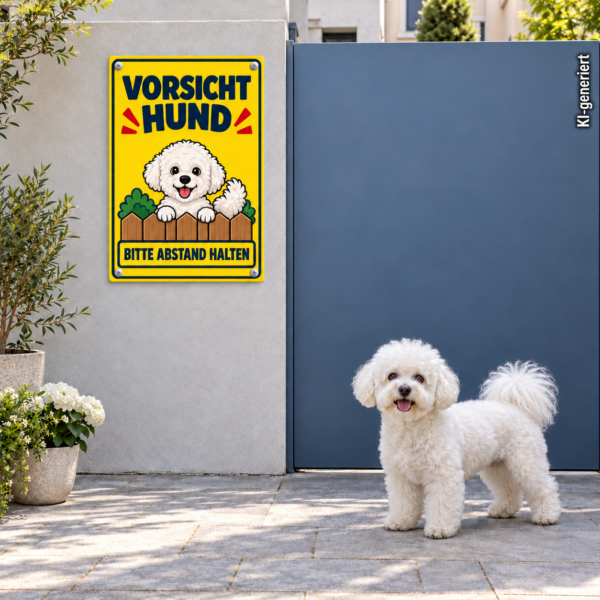 Bichon Frisé Schild „Vorsicht Hund – Bitte Abstand halten“ im Comicstil – Hochformat – Bild 2