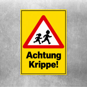 Aufkleber Achtung Krippe mit Kindermotiv mit vollständig lesbarem Originalmotiv.