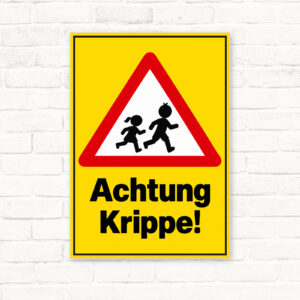 Warnschild Achtung Krippe mit Kindermotiv mit vollständig lesbarem Originalmotiv.