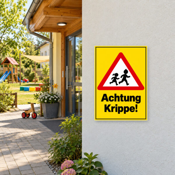 KI-generiertes Anwendungsbeispiel: Warnschild Achtung Krippe mit Kindermotiv am passenden Einsatzort.