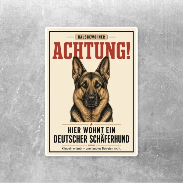 Schäferhund Aufkleber im Hochformat mit rotem Achtung-Schriftzug und Hundeporträt auf beigem Retro-Hintergrund.