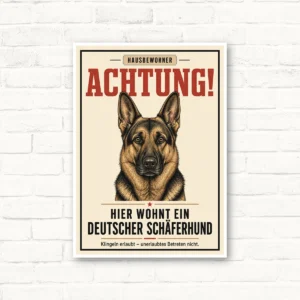 Schäferhund Schild mit Text „Achtung! Hier wohnt ein Deutscher Schäferhund“ und Vintage-Hundeporträt.