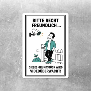 Aufkleber mit freundlichem Hinweis auf videoüberwachtes Grundstück, Kamera-Illustration und klarer Hochformat-Botschaft.
