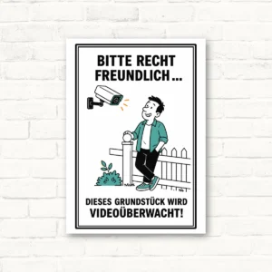 Schild mit Text „Bitte recht freundlich… Dieses Grundstück wird videoüberwacht!“ und Kamera-Motiv im Hochformat.