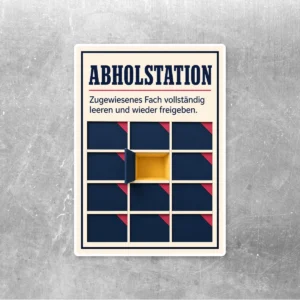 Abholstation Aufkleber mit geöffnetem gelbem Fach und Hinweis zum vollständigen Leeren und Freigeben.